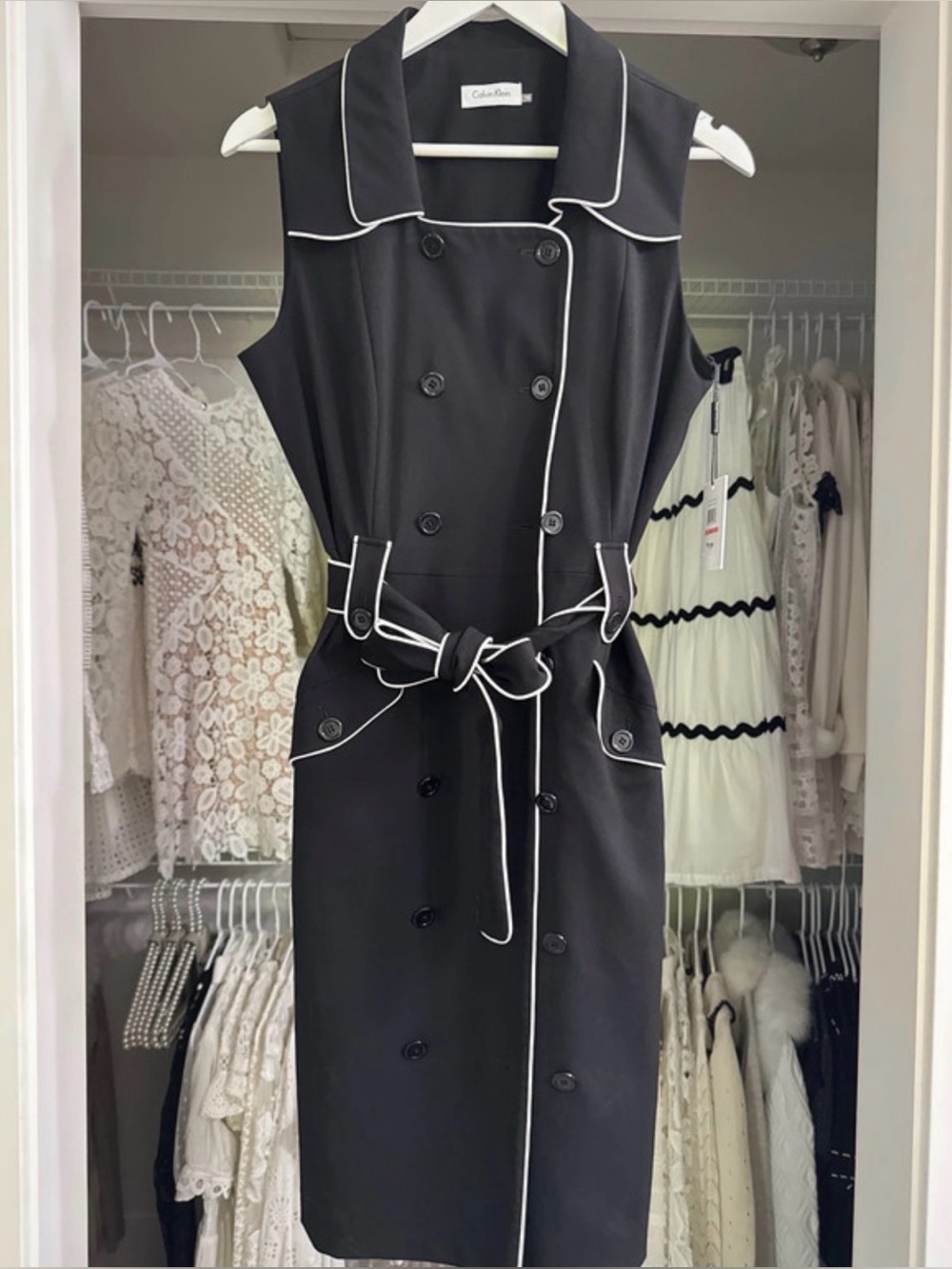 CALVIN KLEIN Black Sleeveless Trench Dress with White Piping Size 10 NWT